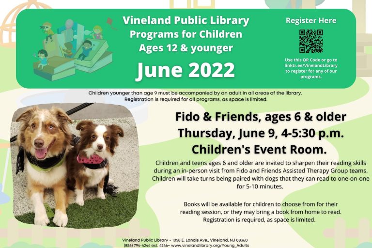 Children and teens ages 6 and older are invited to sharpen their reading skills during an in-person visit from Fido and Friends Assisted Therapy Group teams. Children will take turns being paired with dogs that they can read to one-on-one for 5-10 minutes.